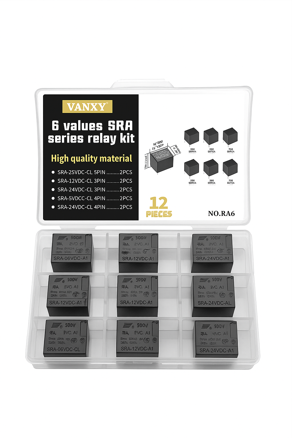 Relésett 12 stk-12V 4 pin/5-pin med oppbevaringsbox