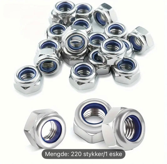 220 stk Rustfrie Låsemuttere – M3 til M12 med Nyloninnlegg