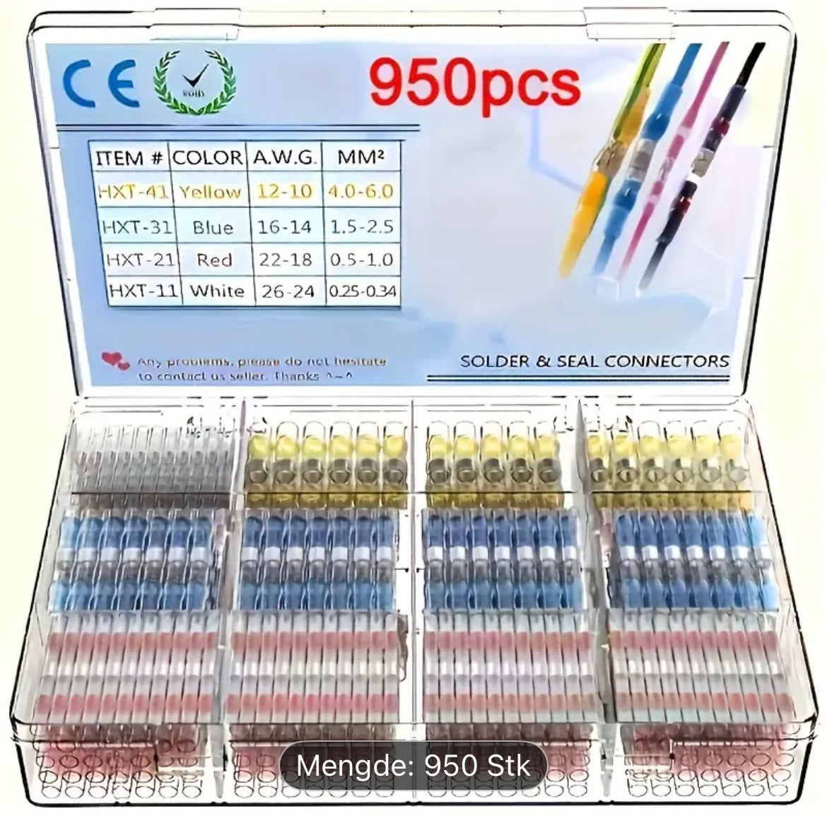 950 stk Loddefrie Kabelskjøter – Vannbestandige Krympeskjøter med Tinn – 4 Størrelser – Sortimentsboks