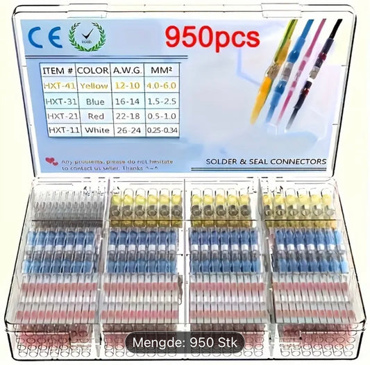 950 stk Loddefrie Kabelskjøter – Vannbestandige Krympeskjøter med Tinn – 4 Størrelser – Sortimentsboks