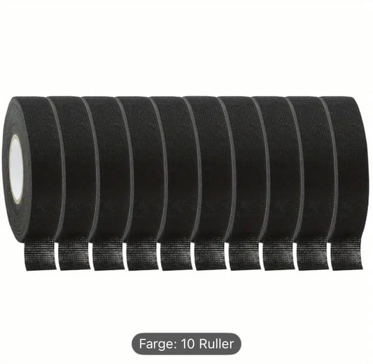 10 Ruller Kabelteip – 19mm x 10m Svart Stoffteip for Bil og Elektriske Ledninger