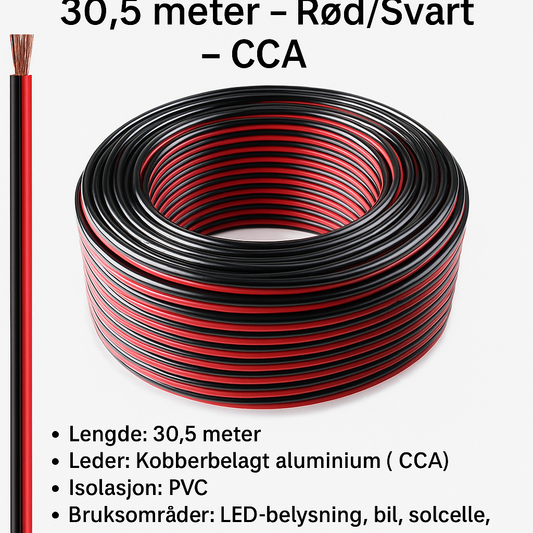Dobbel kabel 12V – 14AWG – 30,5 meter – Rød/Svart – CCA